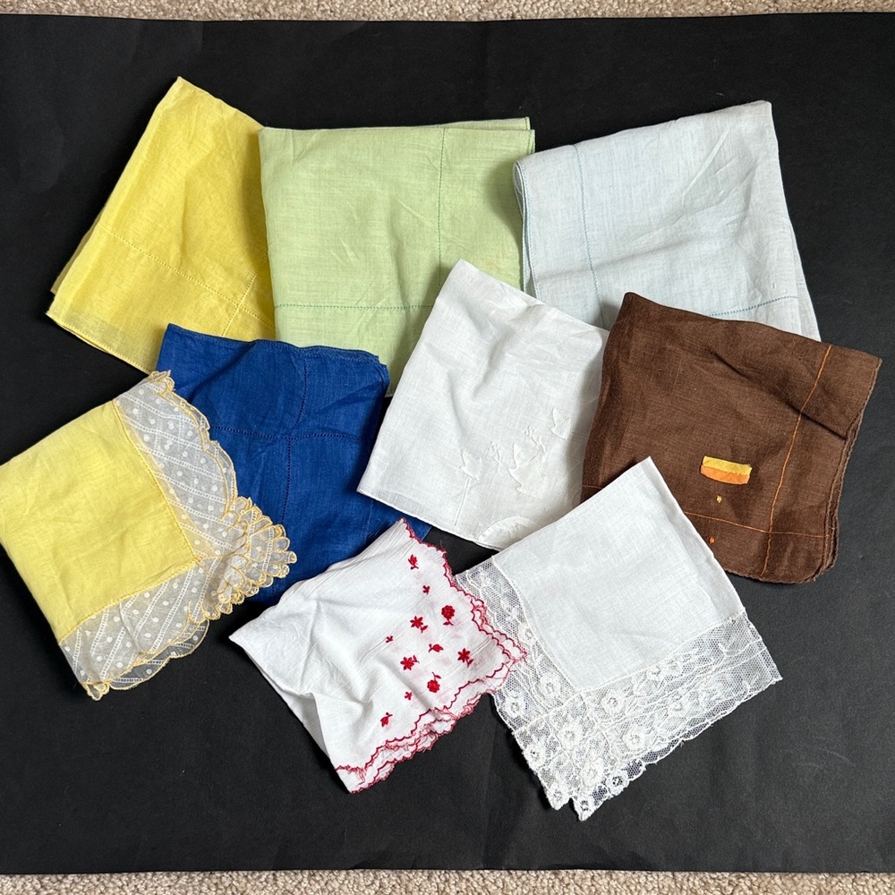 Vintage Set of 9 Multicolored Handkerchiefs